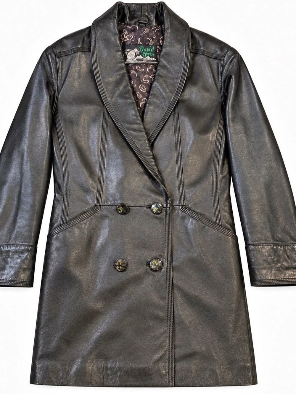 Vintage David Green Anchorage Leather Coat Womens S Black Paisley Lined